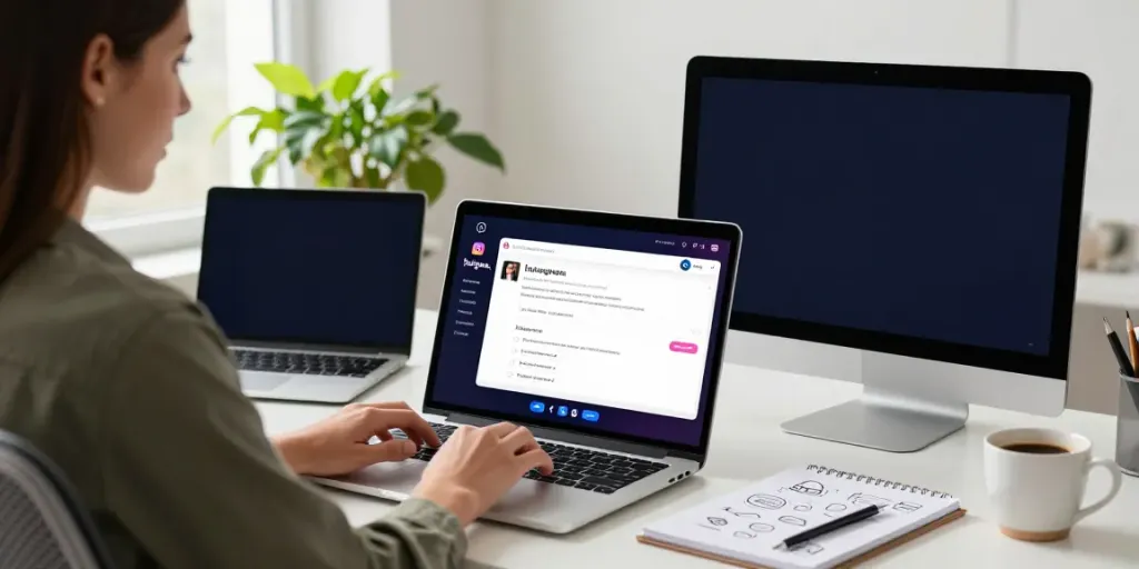 Anonymous Instagram story viewing with Insanony on modern workspace setup.