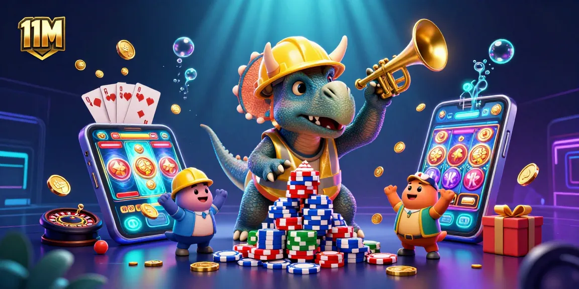 11M casino scene featuring a triceratops building poker chip pyramids surrounded by celebratory elements.