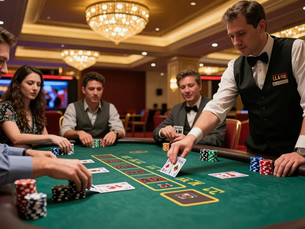 Players engaged in intense blackjack action at LLwin casino table, showcasing strategic gameplay.