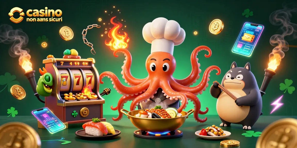 Gioca ai casino non aams sicuri con un'illustrazione vivace di un polpo chef e elementi di gioco.