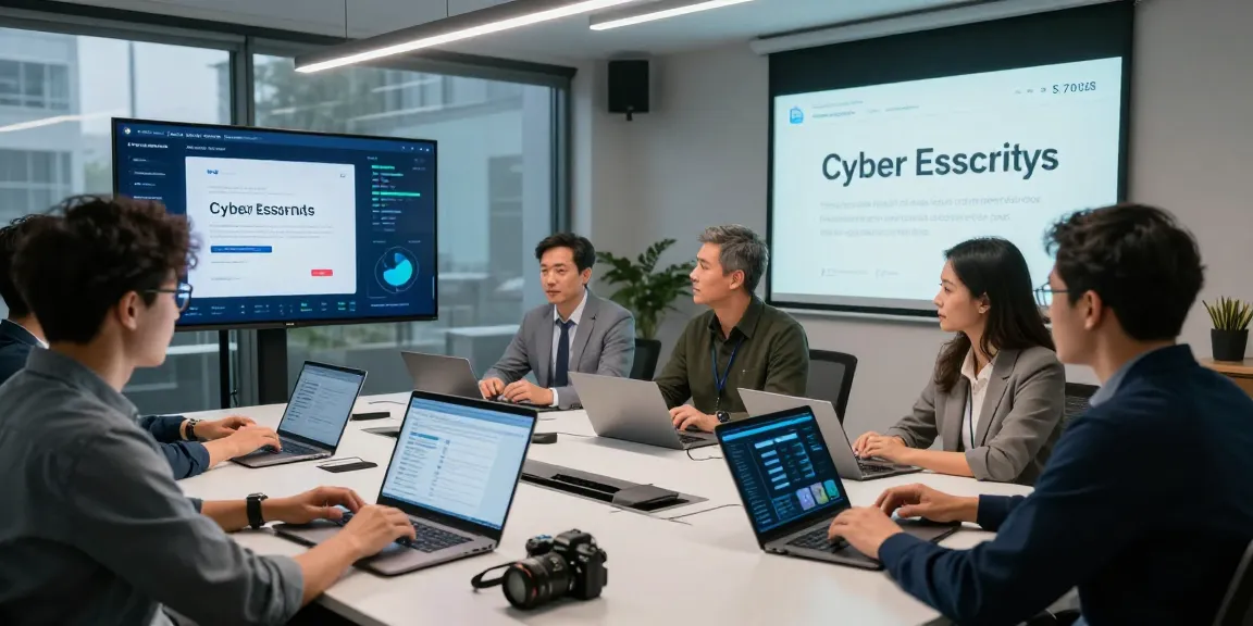 Team collaborating on achieving cybersmart cybersecurity solutions in a modern office.