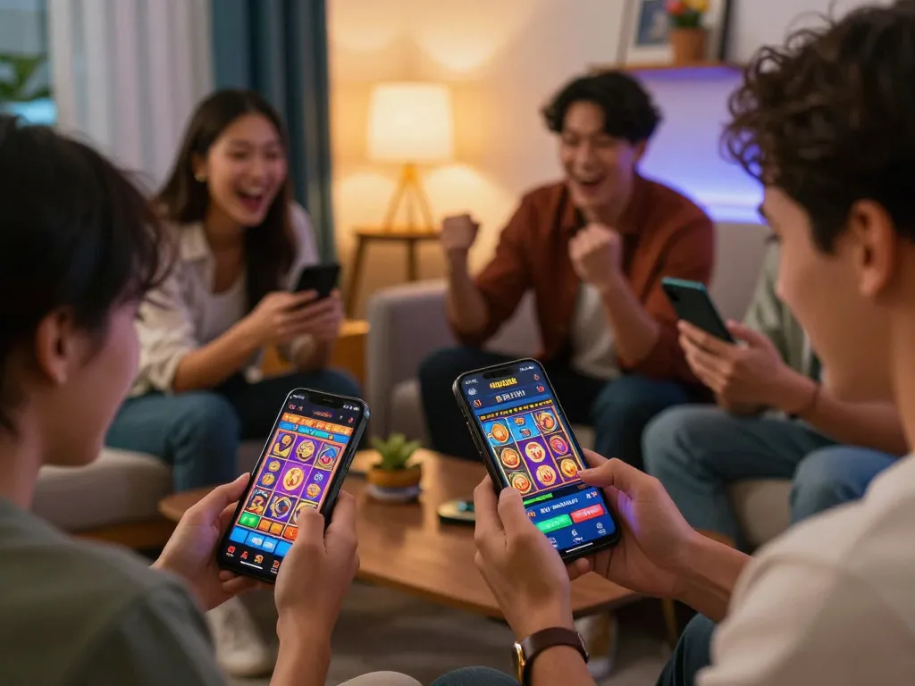 Players using mdg188 mobile app for online slots, showcasing excitement and social interaction
