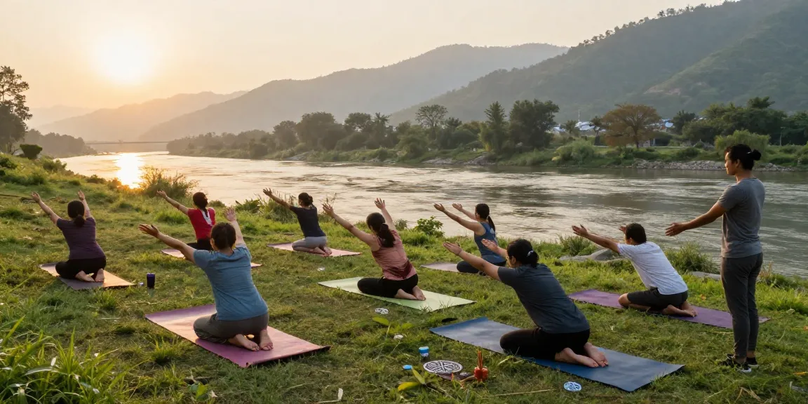 Yoga teacher training in Rishikesh India: Students practicing yoga by the Ganges under expert guidance, enhancing their wellness journey.