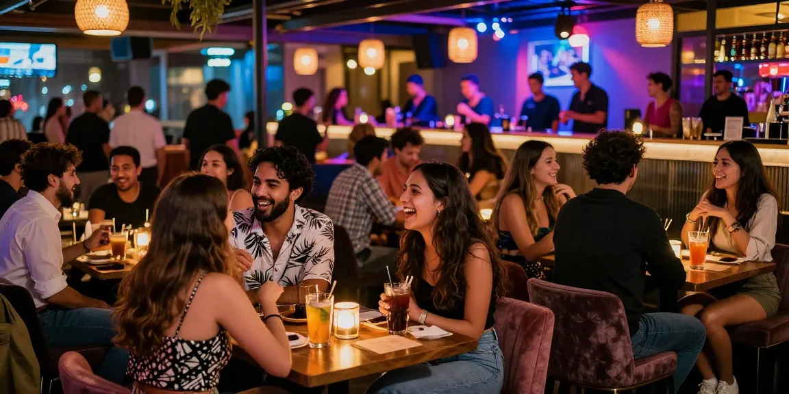 Exploring the vibrant atmosphere of a 유흥사이트 filled with laughter, friends, and neon lights during a lively night out.