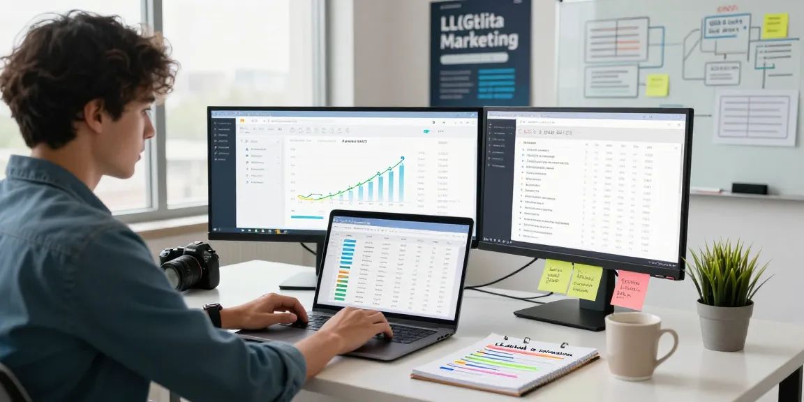 Analyzing LLG link indx services in a modern digital marketing office with screens and notes.