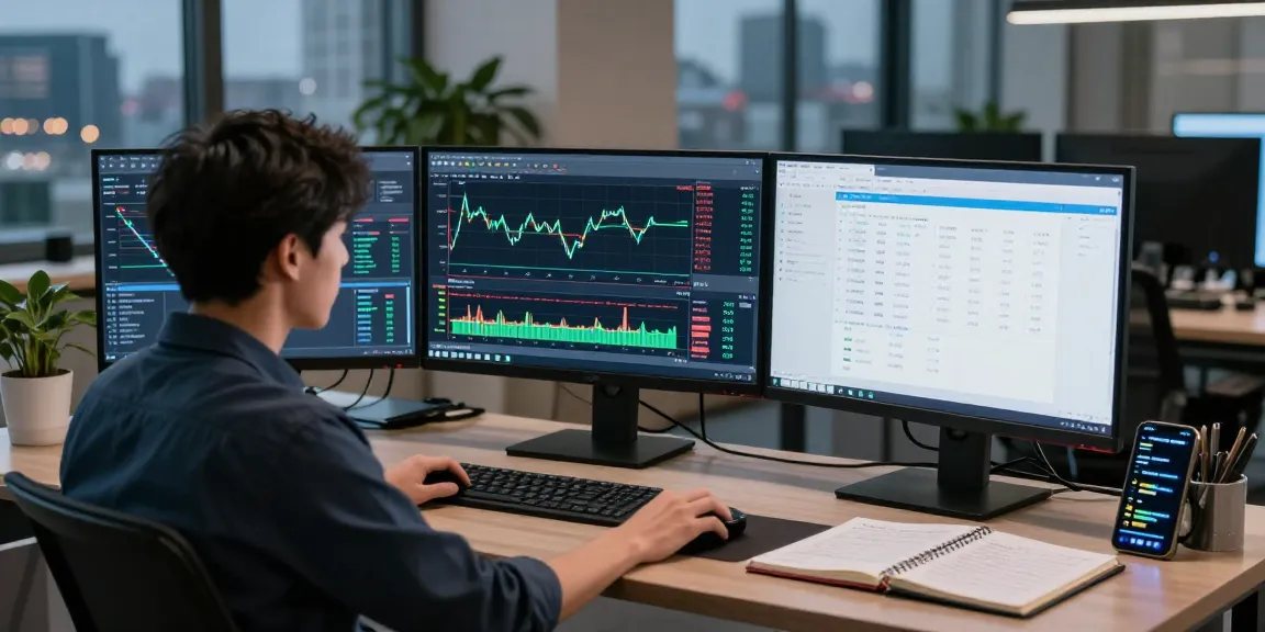 Trader analyzing MT5 platform in a modern office setting with multiple screens displaying live forex charts and automated trading.