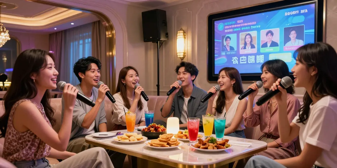 강남가라오케에서 즐거운 시간을 보내고 있는 친구들, 고급스러운 인테리어와 함께 노래하는 모습