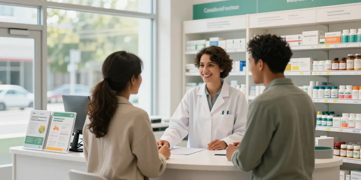 Engaging interaction in a Canada medical shop with pharmacist assisting diverse customer.