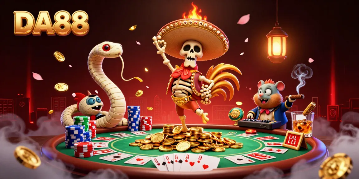 Engage with DA88 excitement featuring a mariachi rooster dancing on coins amidst a colorful poker scene.
