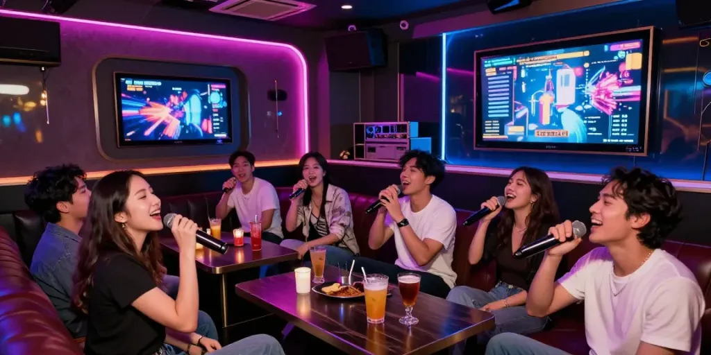 강남 달토 가라오케에서 노래를 부르며 즐거운 분위기를 만들어내는 사람들