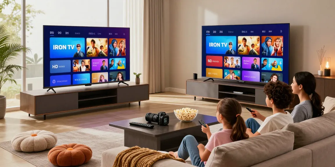 Family enjoying entertainment with Iron tv pro on a Smart TV in a cozy living room.