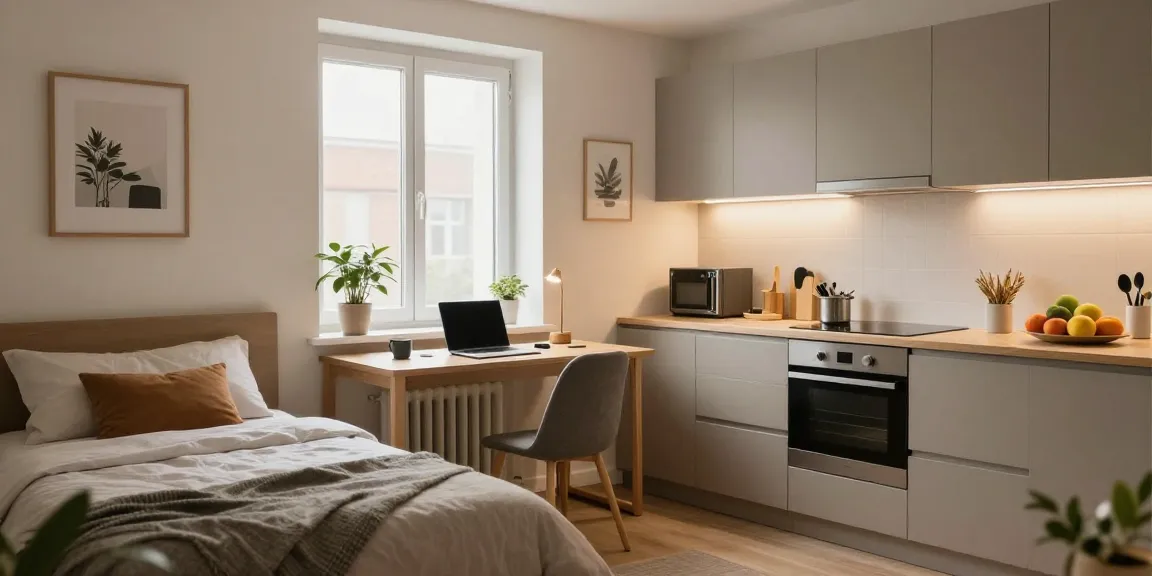 Gemütliches Monteurzimmer in Hannover mit modernem Design und Arbeitsbereich.