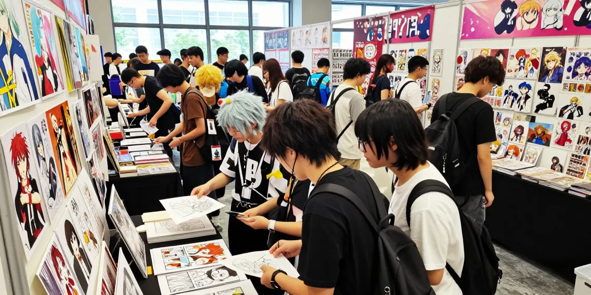 A vibrant doujinshi convention scene showcasing doujinhentai-th.com with artists, fans, and original manga art.