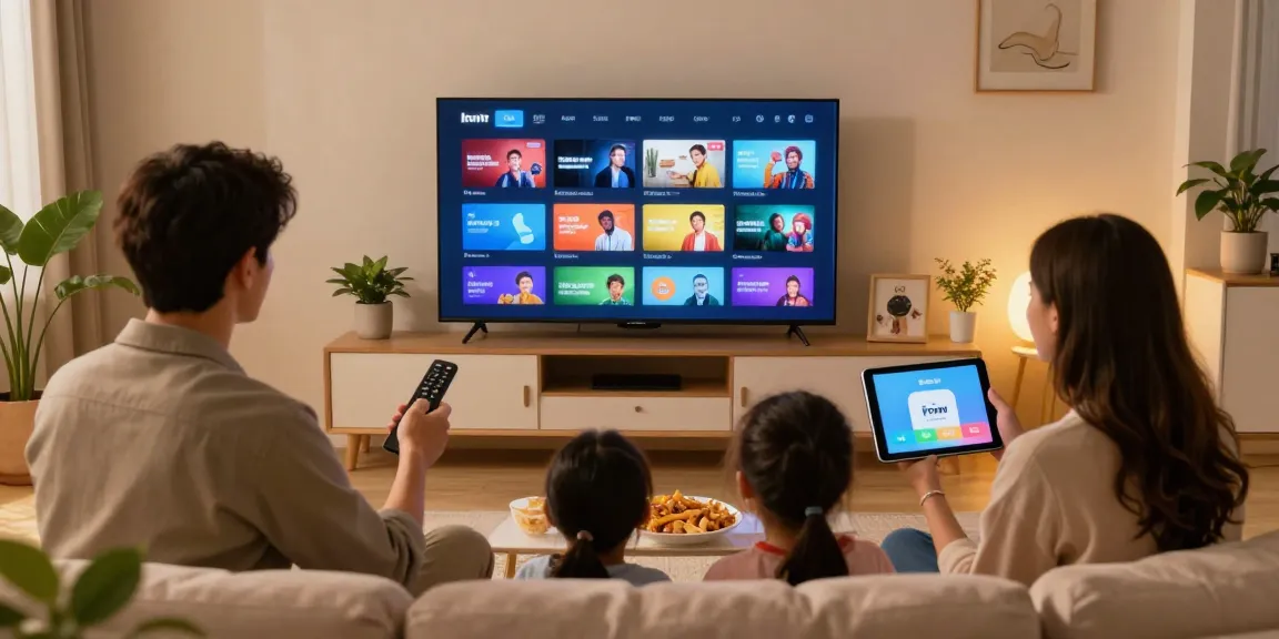 Famille profitant de l'expérience Iron tv pro sur leur Smart TV dans un salon moderne.