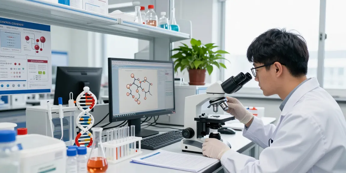 Copper peptide research in a biomedical lab, with a researcher examining samples and analyzing data.
