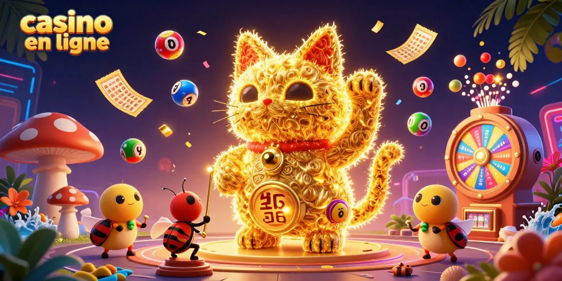 Jouez aux jeux de casino en ligne avec ce chat porte-bonheur animé entouré d'éléments de loto colorés.