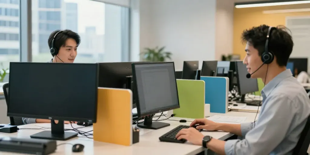 Hotmail technical support team engaging with clients in a modern office setting