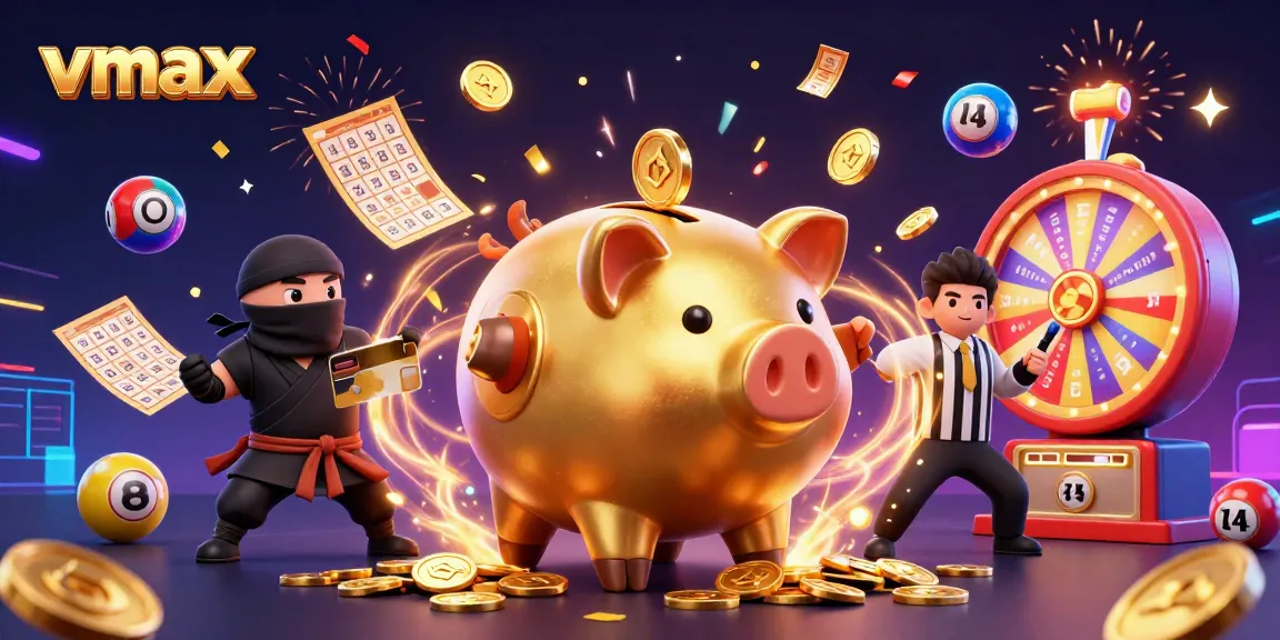 Experience vmax excitement with a golden piggy bank sumo wrestler amidst a cascade of joyful gambling elements.