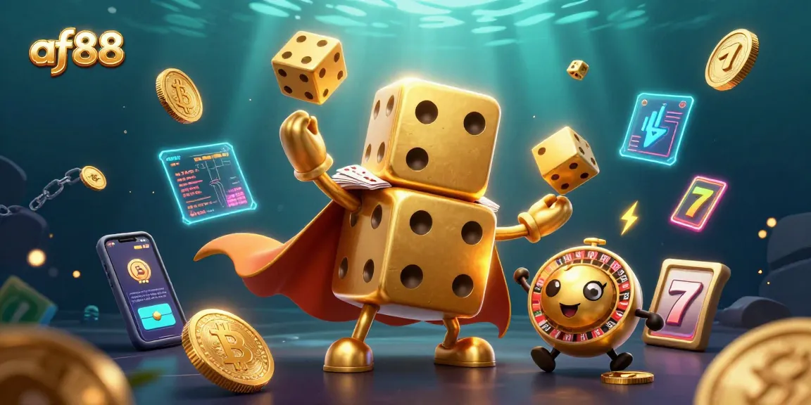 Engage in thrilling gameplay with af88's vibrant casino elements featuring a dynamic dice golem and crypto visuals.