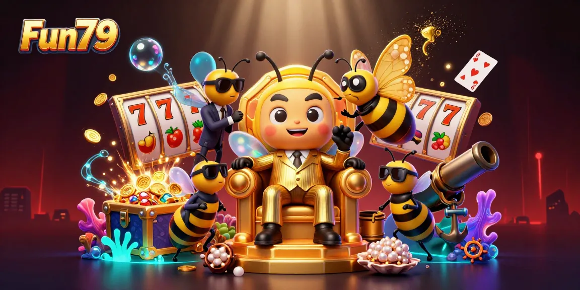 Experience the excitement of gambling at Fun79 with vibrant, animated casino characters surrounded by colorful slot game elements.