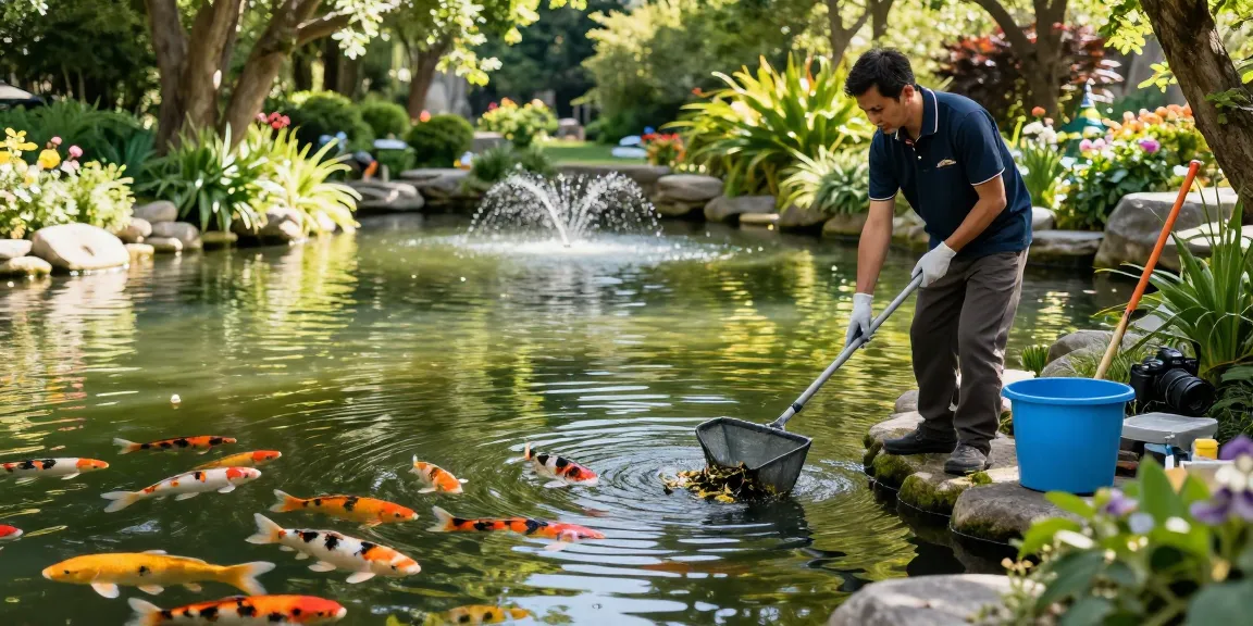 Pond Cleaning Kent professional cleaning debris from tranquil garden pond with koi fish.