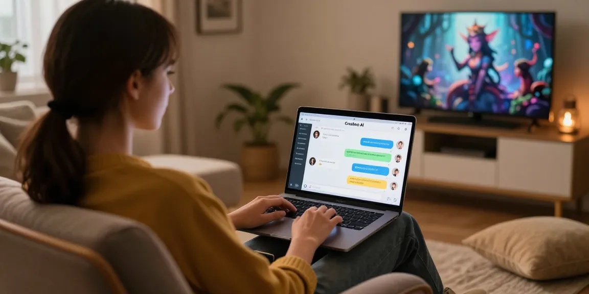 Engaging NSFW AI chat experience with Crushon AI, user interacting on laptop in cozy digital space.
