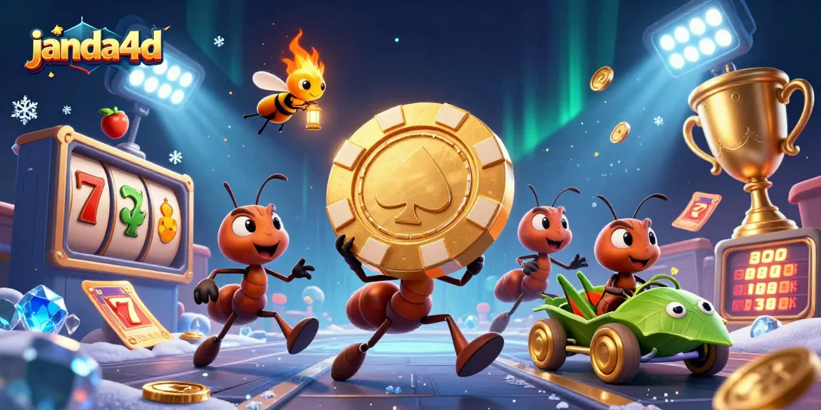 Ant 3D JANDA4D membawa chip poker emas di kasino, dikelilingi elemen slot dan koin emas.