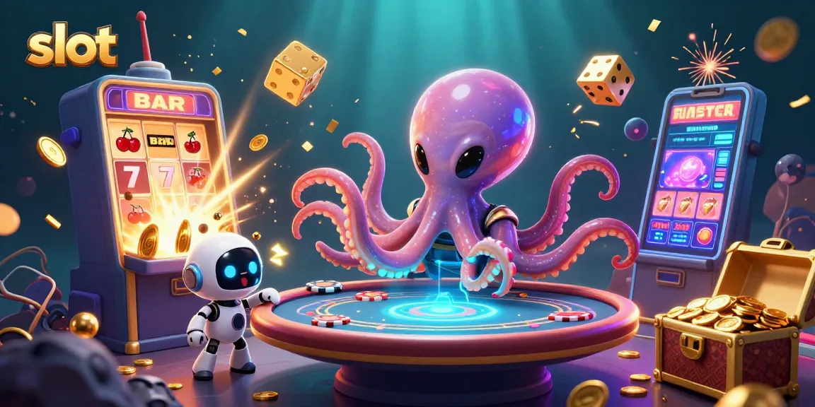 Engage with slot games and jackpots in an animated 3D casino scene featuring extraterrestrial characters.