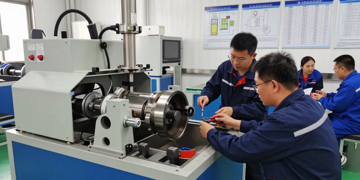 Technicians maintaining sludge dewatering machinery in a modern workshop