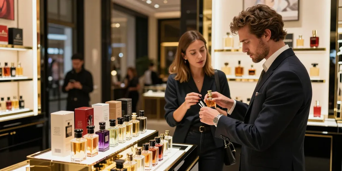 Exploring top fragrances for men in a luxurious urban perfume boutique.