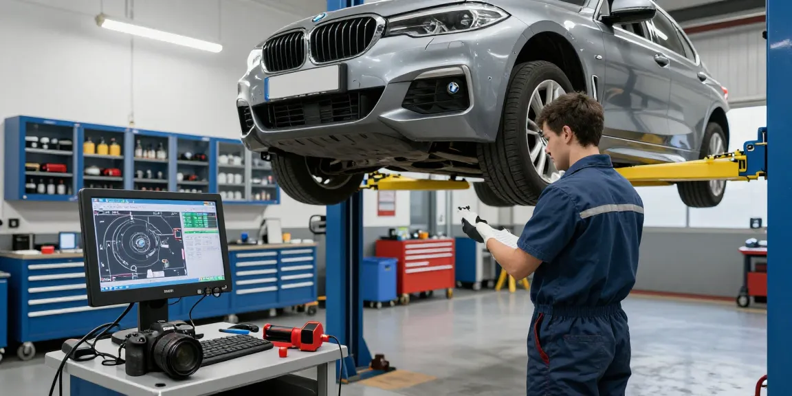 Professionelle BMW Werkstatt in Hannover mit Techniker bei der Fahrzeugwartung.