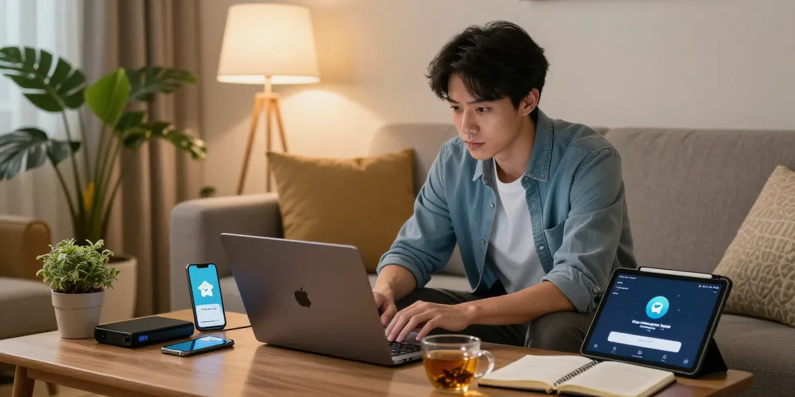 Setting up a telegram vpn in China from a cozy living room with tech gadgets.