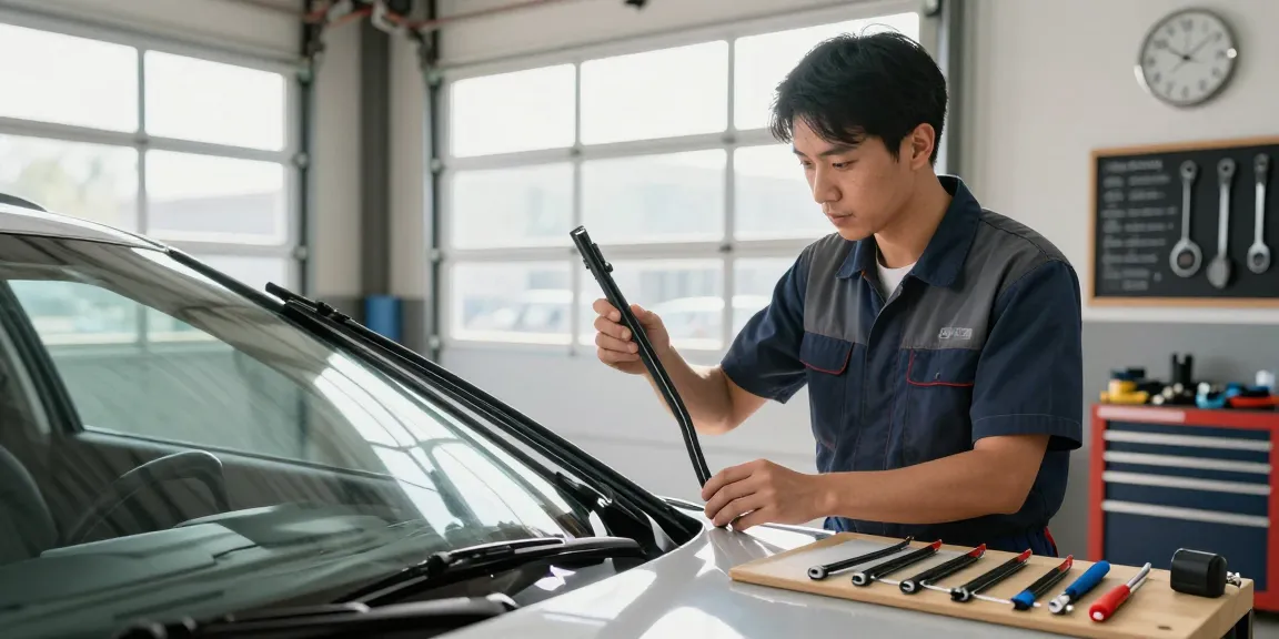 Mechanic inspecting a wiper blade in an automotive garage.