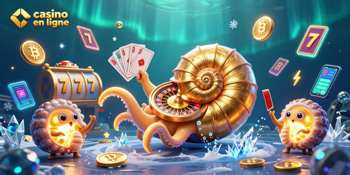 Illustration dynamique de casino en ligne avec un nautilus géant et des éléments de jeu attrayants.