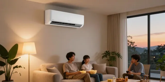 Cozy living room with a 12000 BTU mini split air conditioner cooling the space during a movie night.