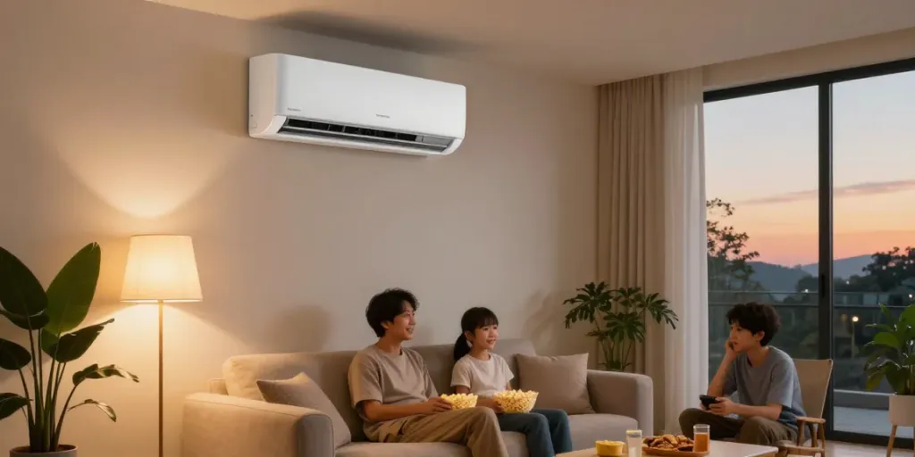 Cozy living room with a 12000 BTU mini split air conditioner cooling the space during a movie night.