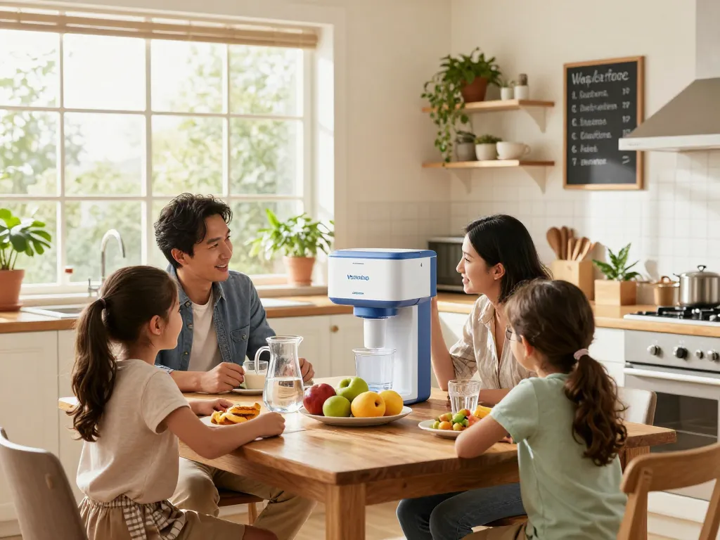 Family discussing water filtration in a bright kitchen featuring Waterdrop BORPLFTR50 Replacement for Bosch® Ultra Clarity® Pro 11032531.