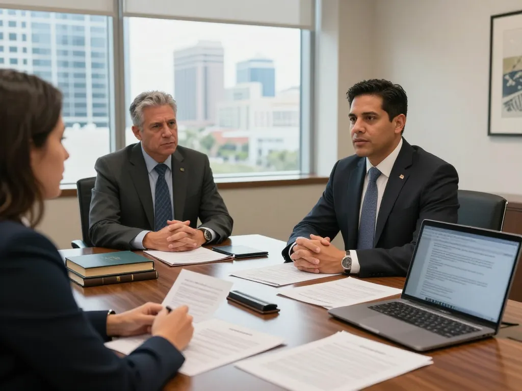 Tampa criminal defense lawyer Daniel J. Fernandez strategizing with a client in a well-lit conference room.