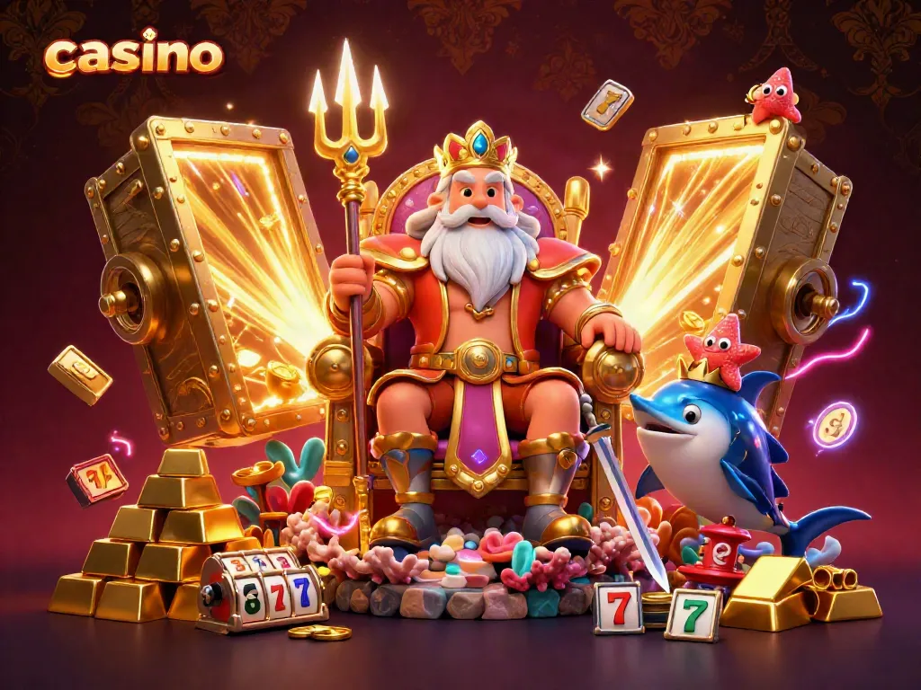 Experience thrilling casino adventures with Neptune and treasures galore in this vibrant 3D illustration.