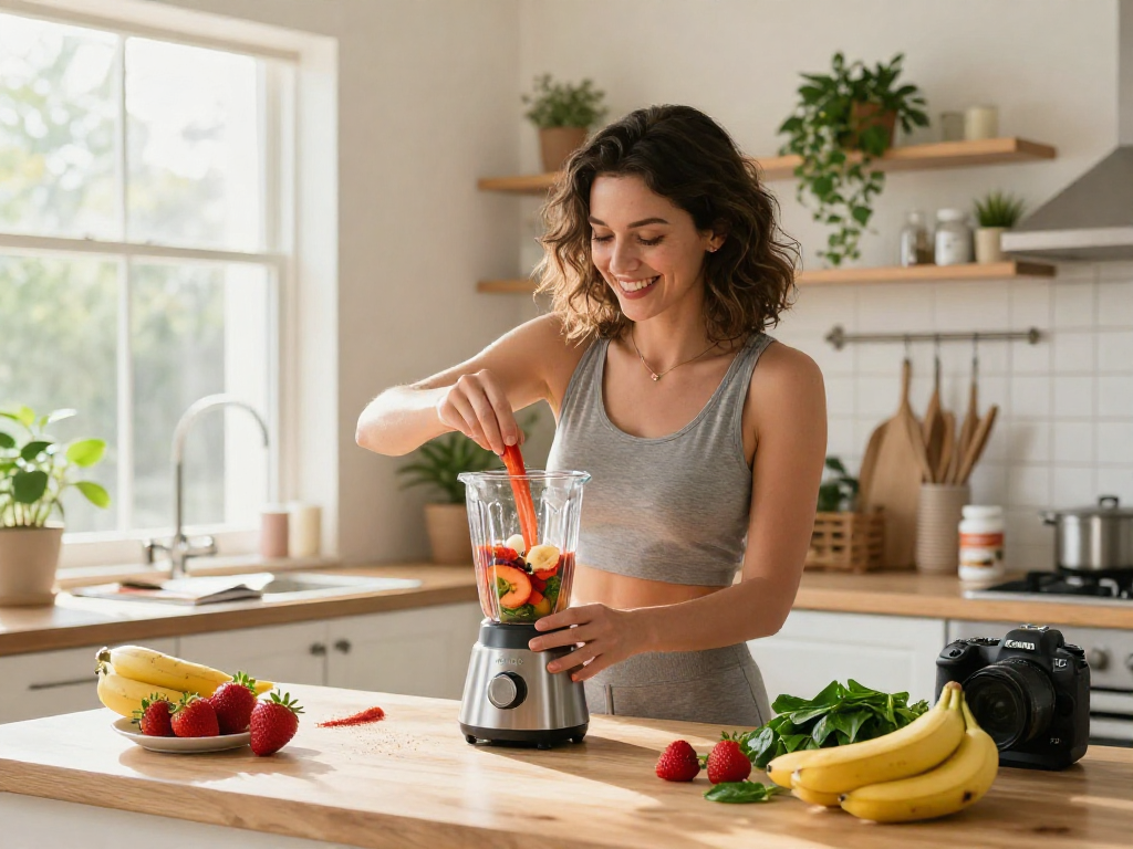 A woman preparing a healthy smoothie with astaxanthin supplement Canada, surrounded by fresh ingredients in a bright kitchen.
