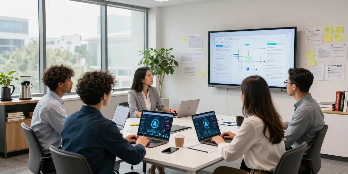 Team collaborating on how to turn AI into business in a modern conference room