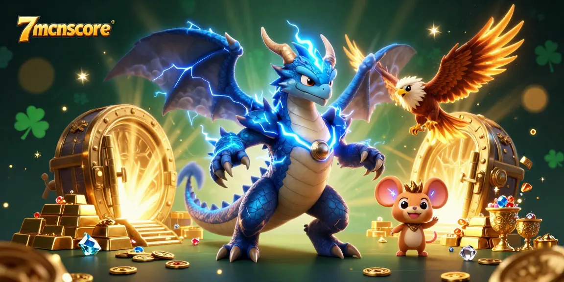 Experience the excitement of 7mcnscore with dynamic characters and treasures in a vibrant casino scene.