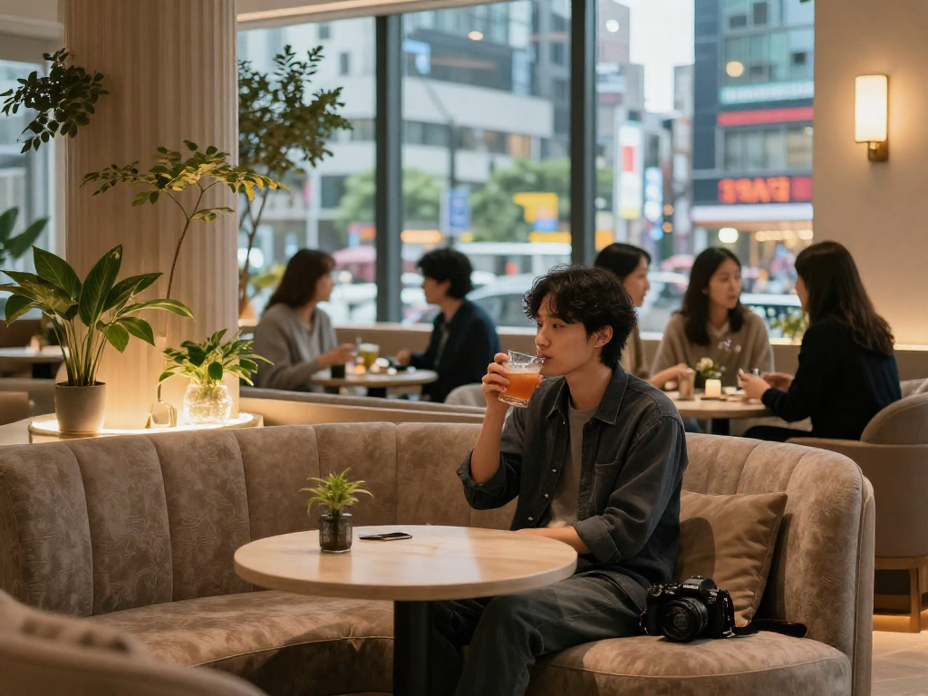 강남쩜오 멀리건에서 편안한 분위기 속에 음료를 즐기는 모습의 세련된 개인