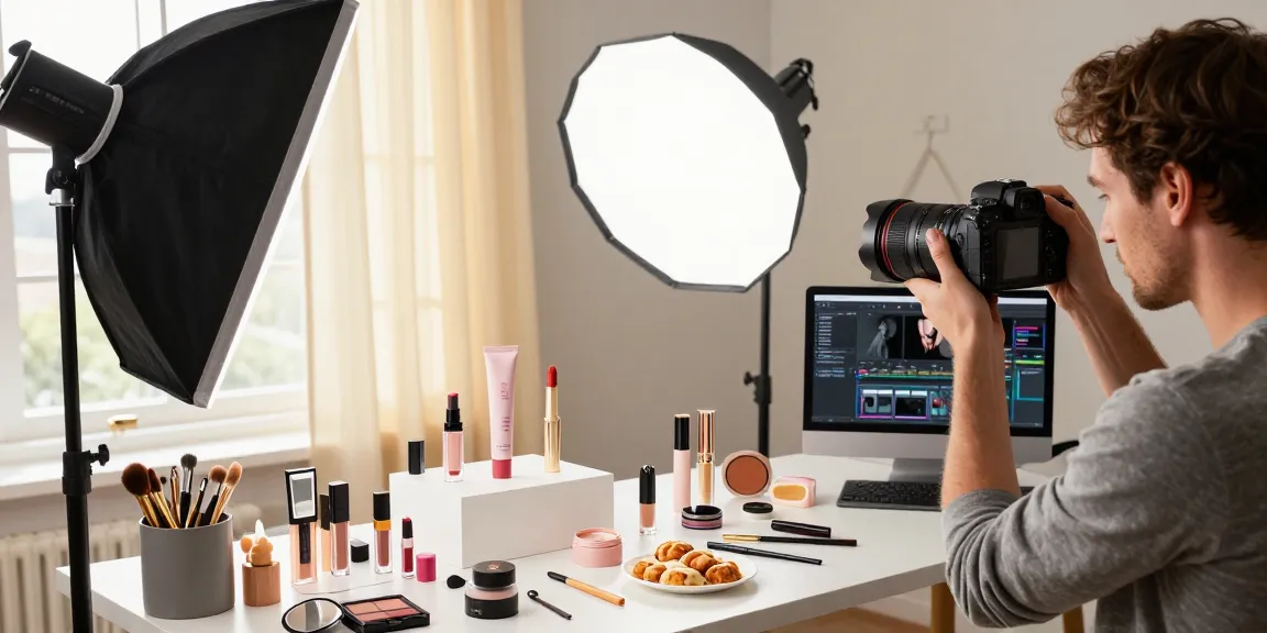 Fotografo di Prodotti in studio mentre cattura immagini di alta qualità di cosmetici e accessori.