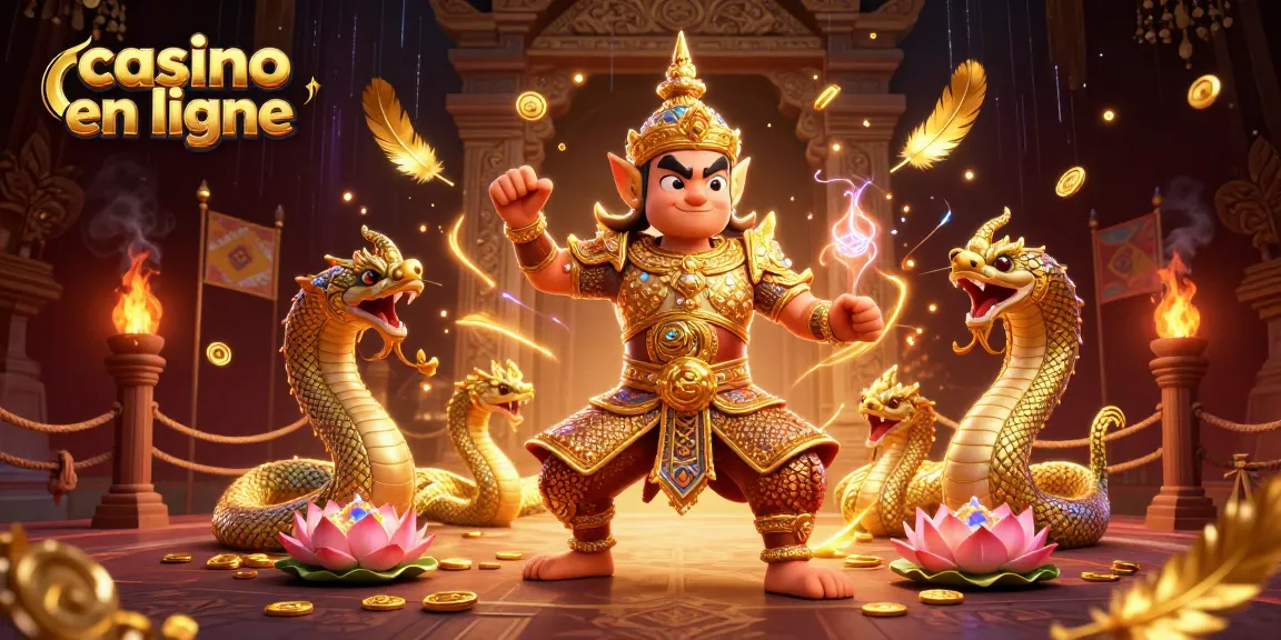 Illustration vibrante d'un gardien de temple thaïlandais avec un serpent Naga, représentant le casino en ligne.