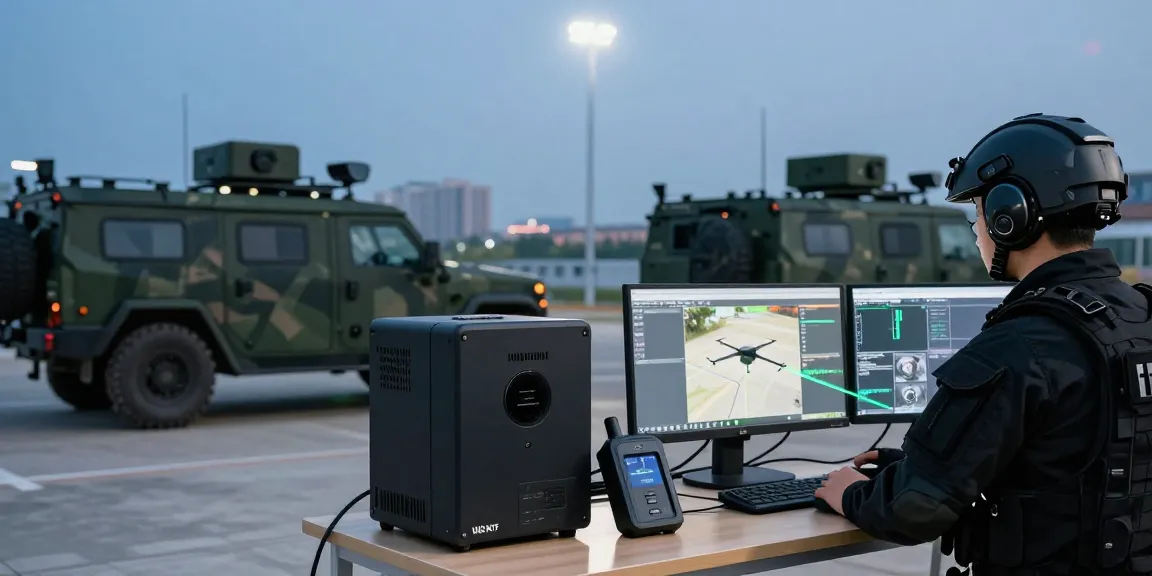 Anti drone jammer technology deployed by security personnel monitoring urban airspace for potential threats.