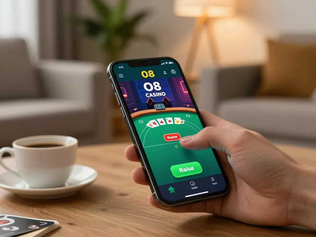 Engaging gameplay on the O8 casino app showcasing poker action in a cozy home setting.
