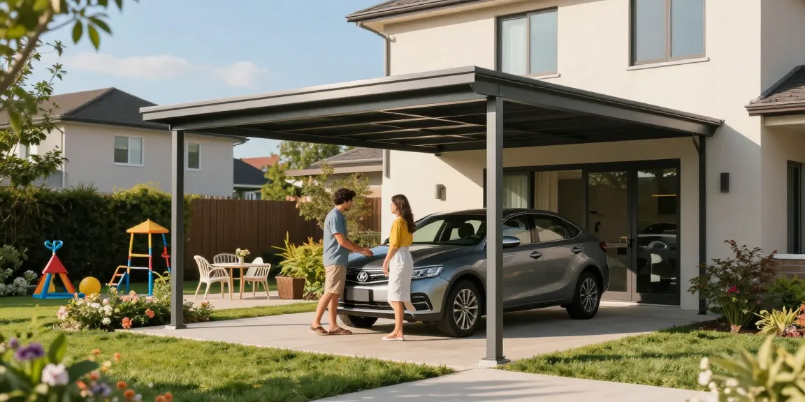 Moderne Carport-Struktur mit Familie, die das Auto parkt, umgeben von Garten und Spielbereich.
