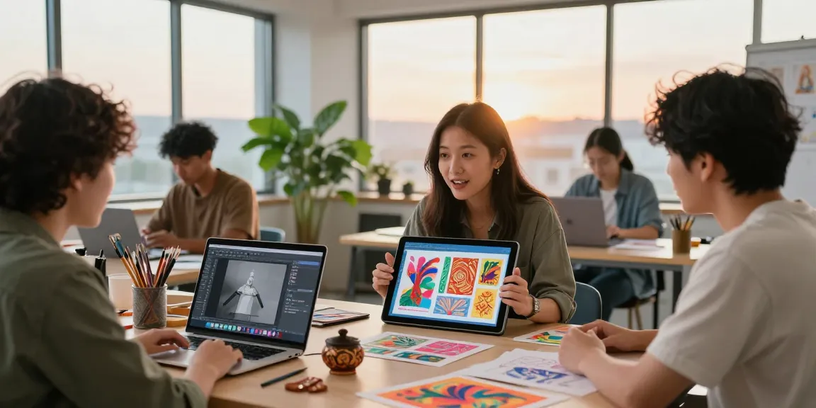 A diverse group in a creative workspace at https://hanadultalk.com collaborating on Asian culture content, capturing vibrant and innovative atmosphere.