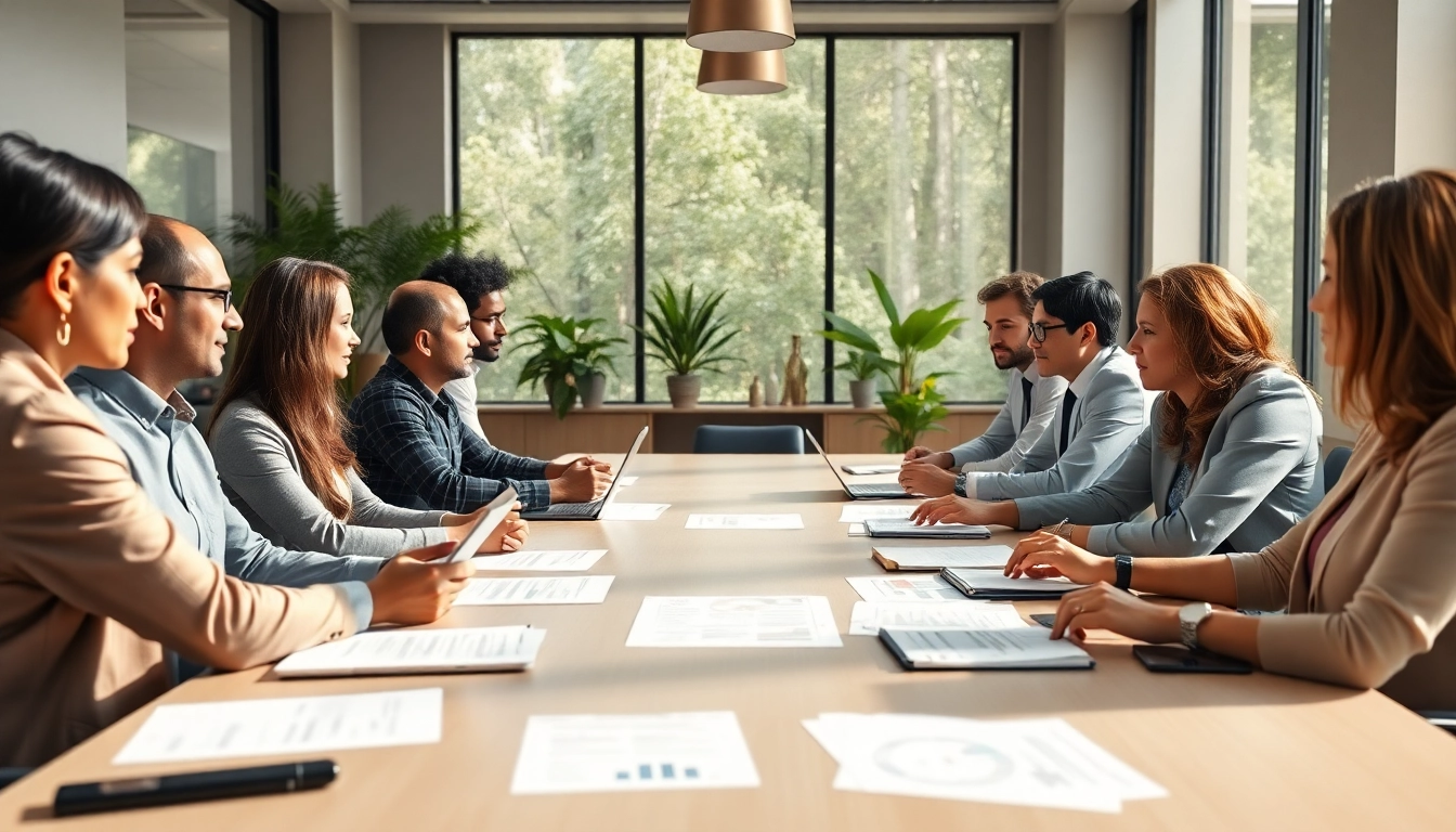 Discussing contracts and grants in a professional office environment between diverse individuals.